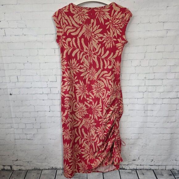 Toad & Co Muse Dress Size XS Red Ruched Side Tie Midi Stretch V-Neck Leaf Print - Picture 5 of 8
